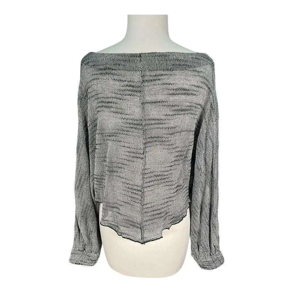 Free People Black & White Boat Neck Tight Knit Long Sleeve Cropped Sweater Small